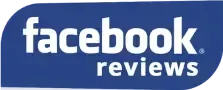A blue facebook review logo on a white background