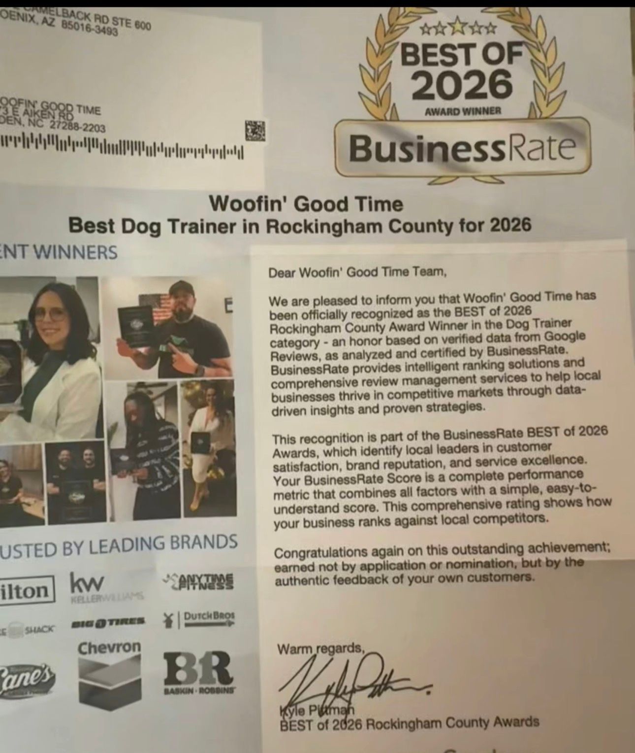 Best of 2026 BusinessRate award for Woofin’ Good Time dog trainer in Rockingham County, with logo and testimonial text