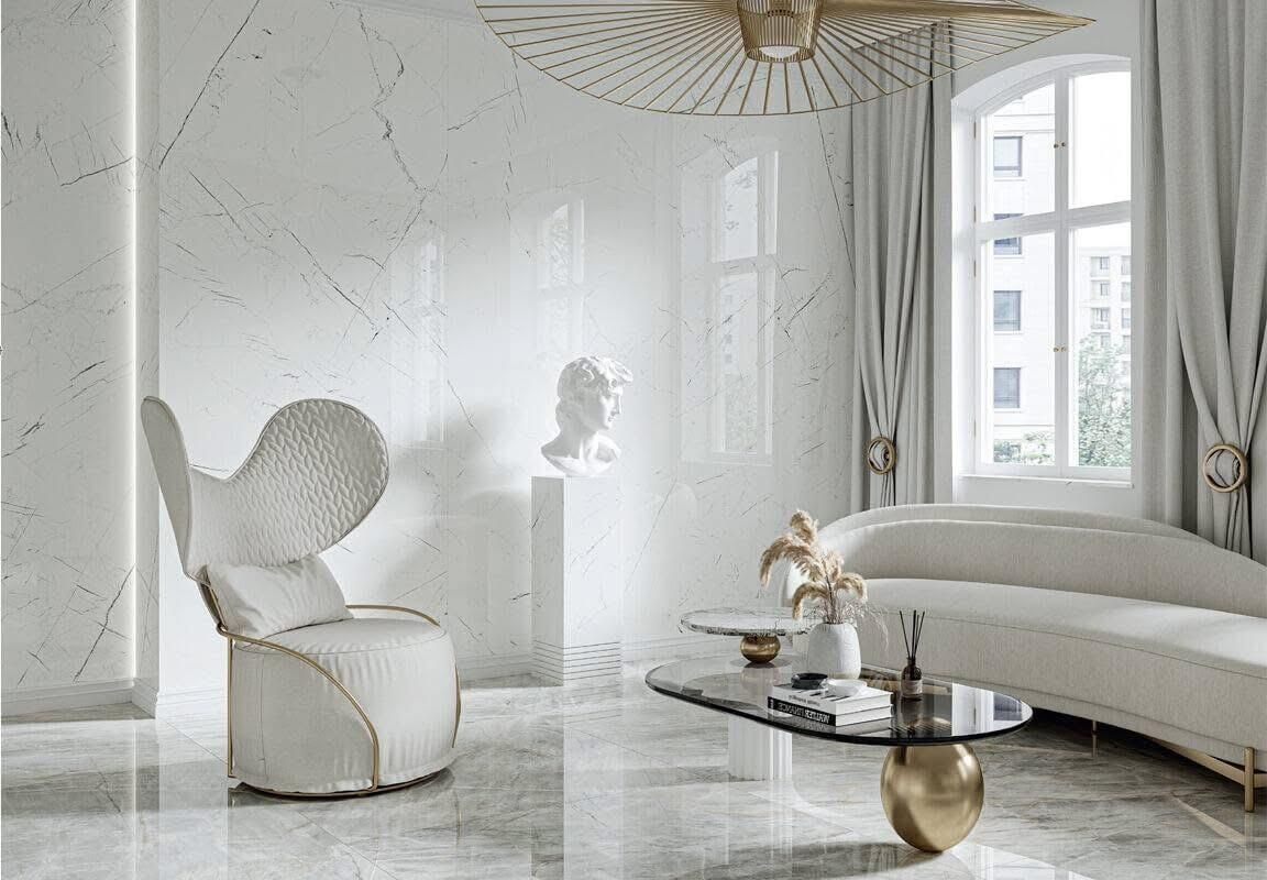 Thassos Marmo Porcelain Polished Tile in sizes 1197x597 and 2800x1200 available in County Durham.