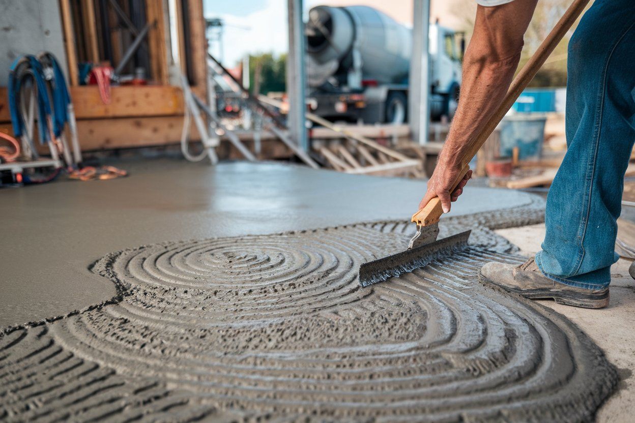 A man is spreading concrete on the floor with a rake.