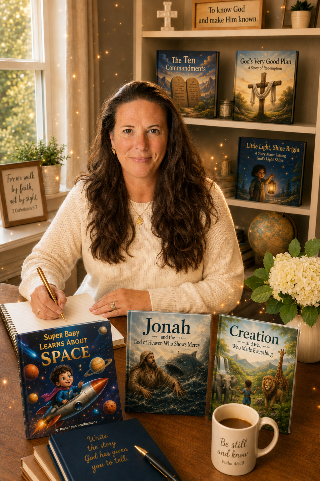 Jenna Lynn Featherstone writing at her desk
