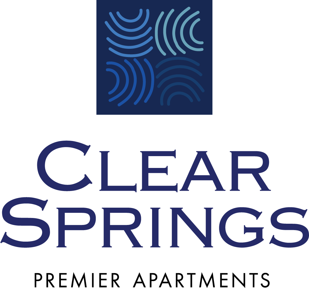 The clear springs premier apartments logo is blue and white.