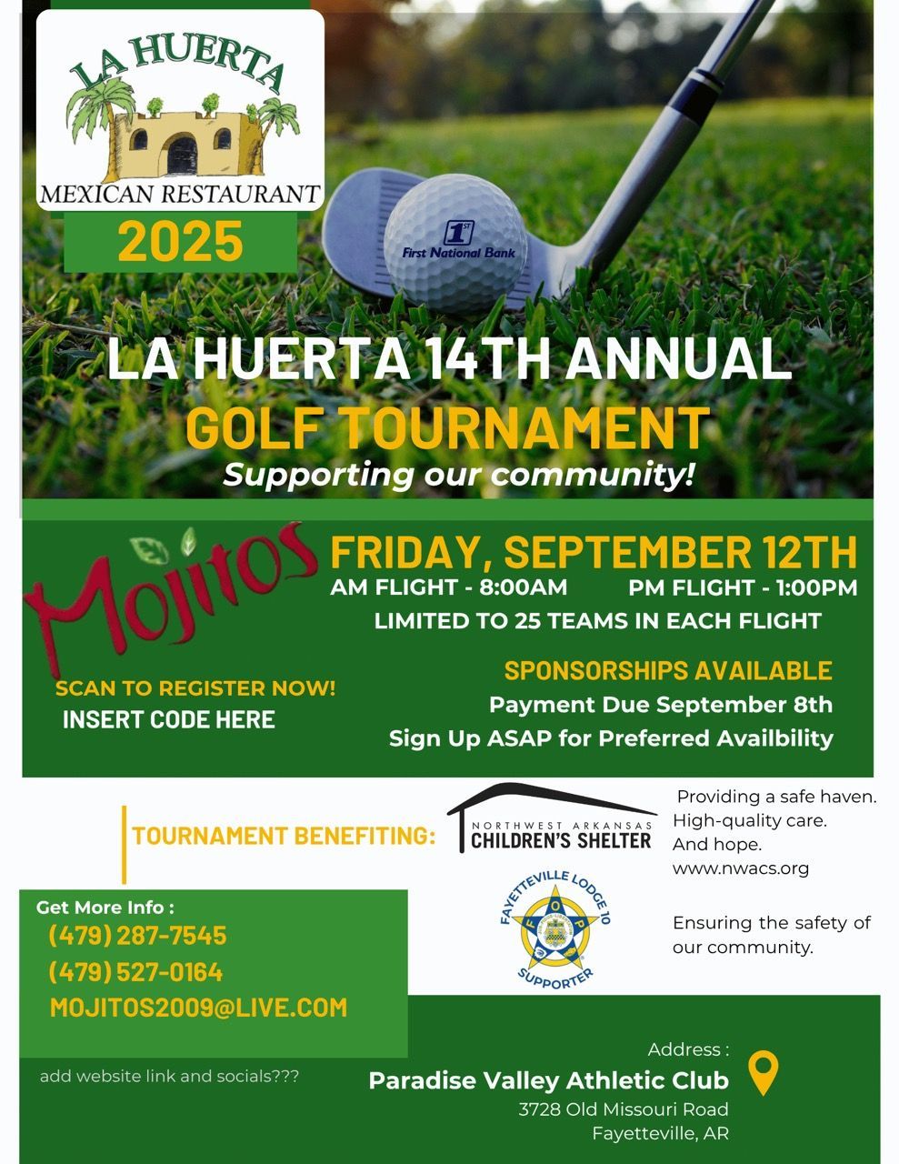 La Huerta 14th Annual Golf Tournament flyer. It features golf balls, a club, and a restaurant logo. Supporting the community with an event on September 12th.