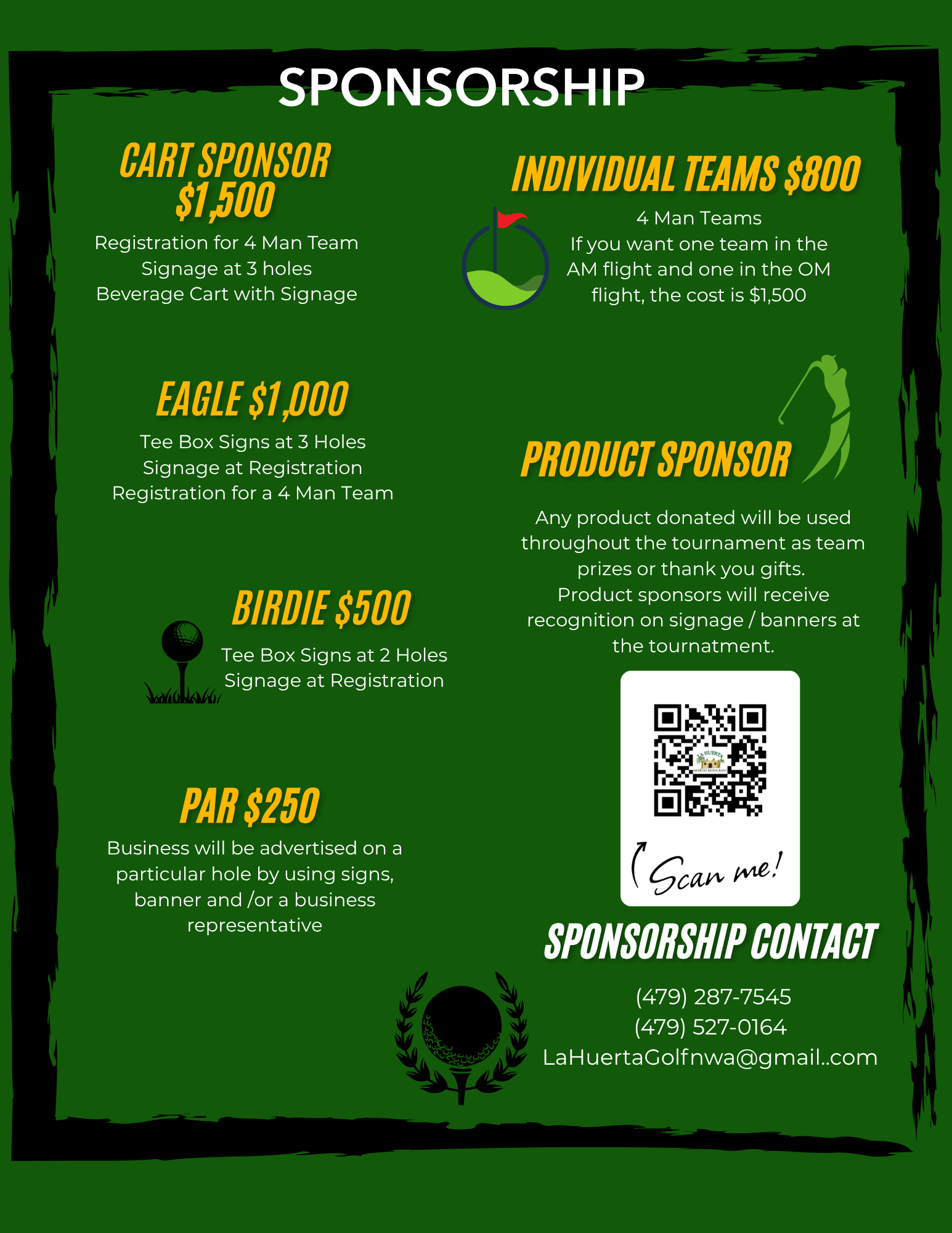 Golf tournament sponsorship flyer with green background and black text, outlining sponsorship levels.  La Huerta Golf Tournament