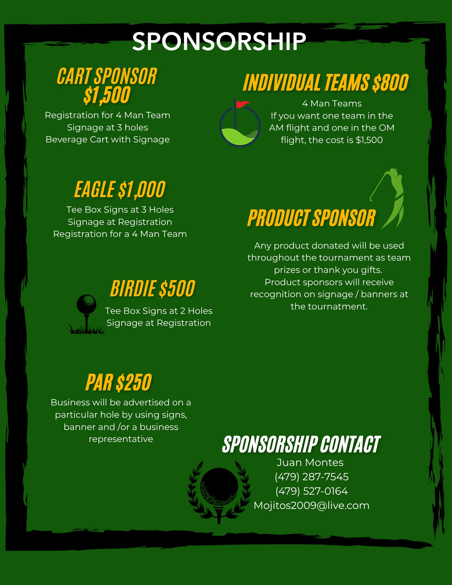 Golf tournament sponsorship flyer with green background and black text, outlining sponsorship levels.  La Huerta Golf Tournament