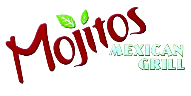 Mojitos Mexican Grill logo with red text and green leaves. 
