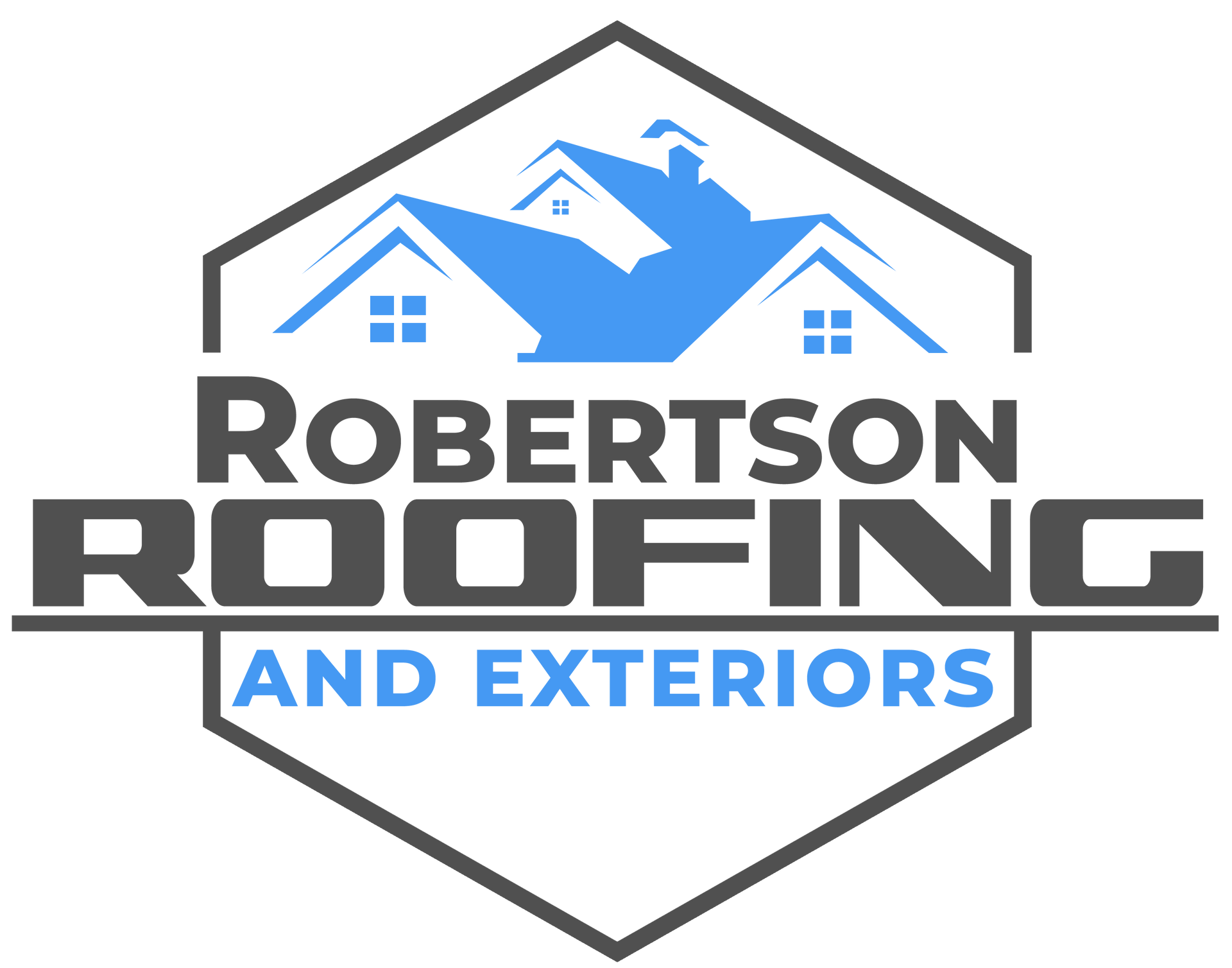 Logo for Robertson Roofing and Exteriors; a blue house image inside a black and grey hexagon, text overlay.