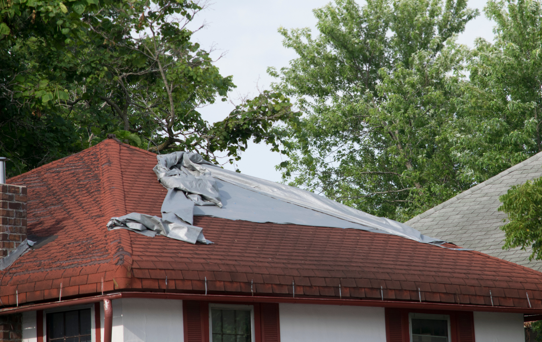 Damaged red shingle roof with torn material. White siding house, green trees in background.