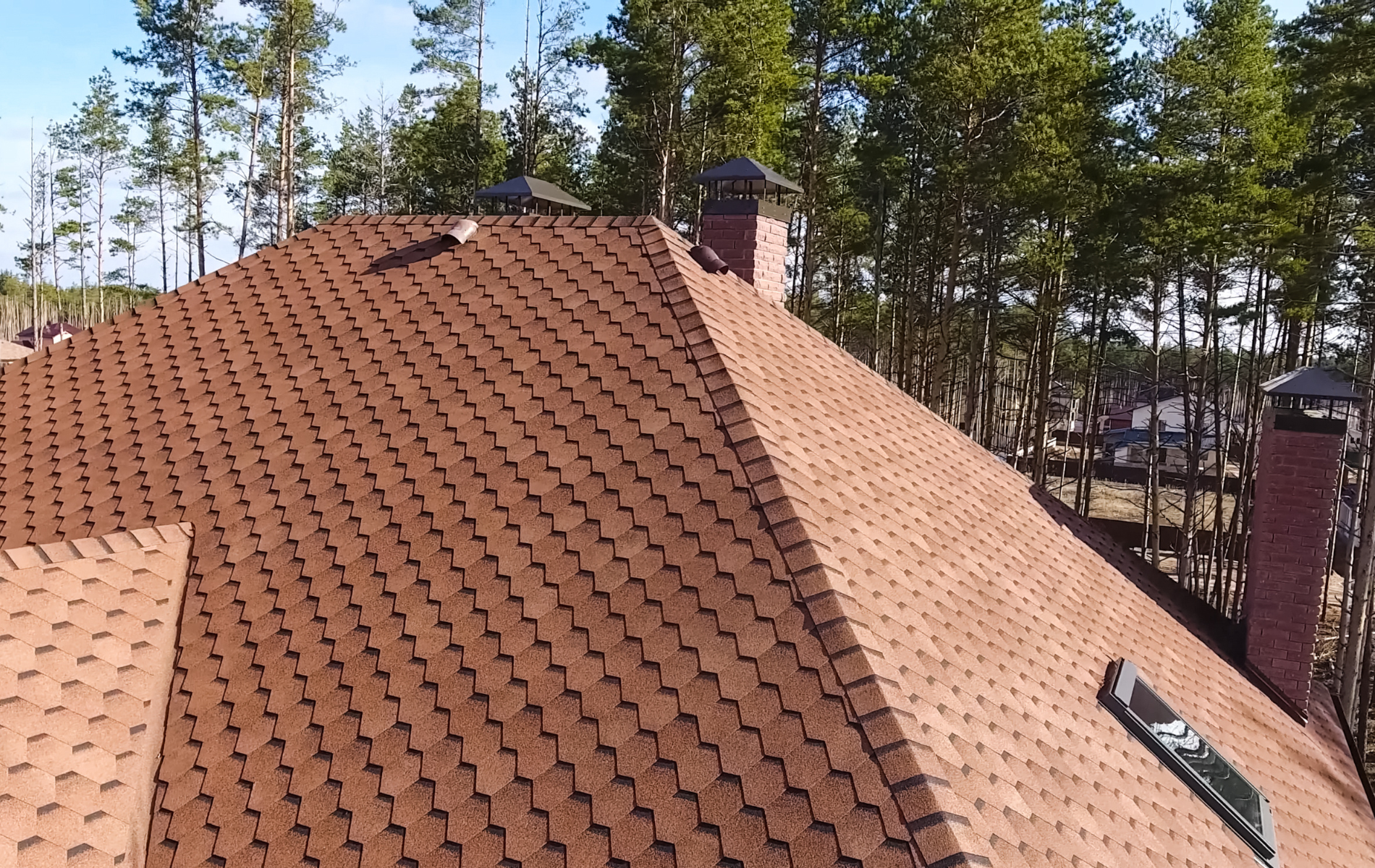 Brown asphalt shingle roof with two brick chimneys, a skylight, and a forest in the background.