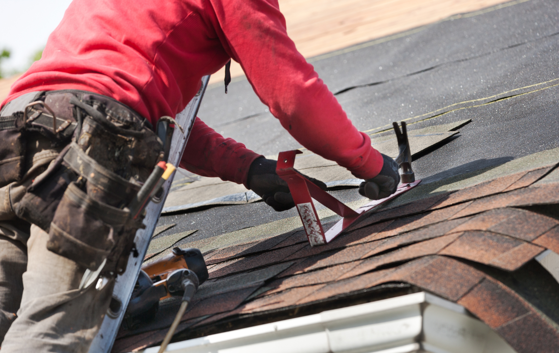 Roofer in red shirt and tool belt installing asphalt shingles on a roof.
