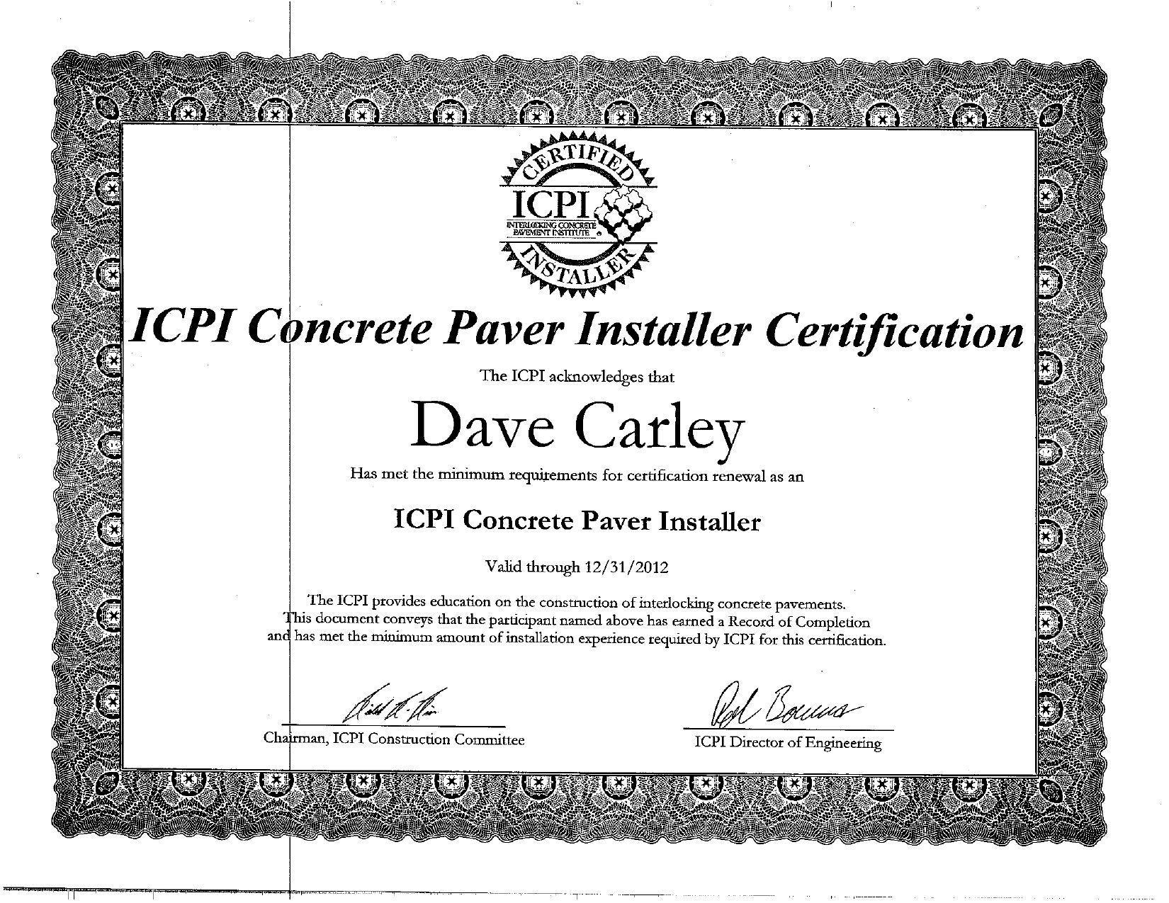 ICPI Concrete Paver Installer Certification for Dave Carley, certificate with border.