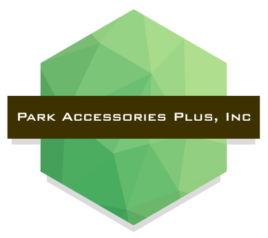 Logo for Park Accessories Plus, Inc. featuring a green polygon shape behind a dark brown bar with white text.