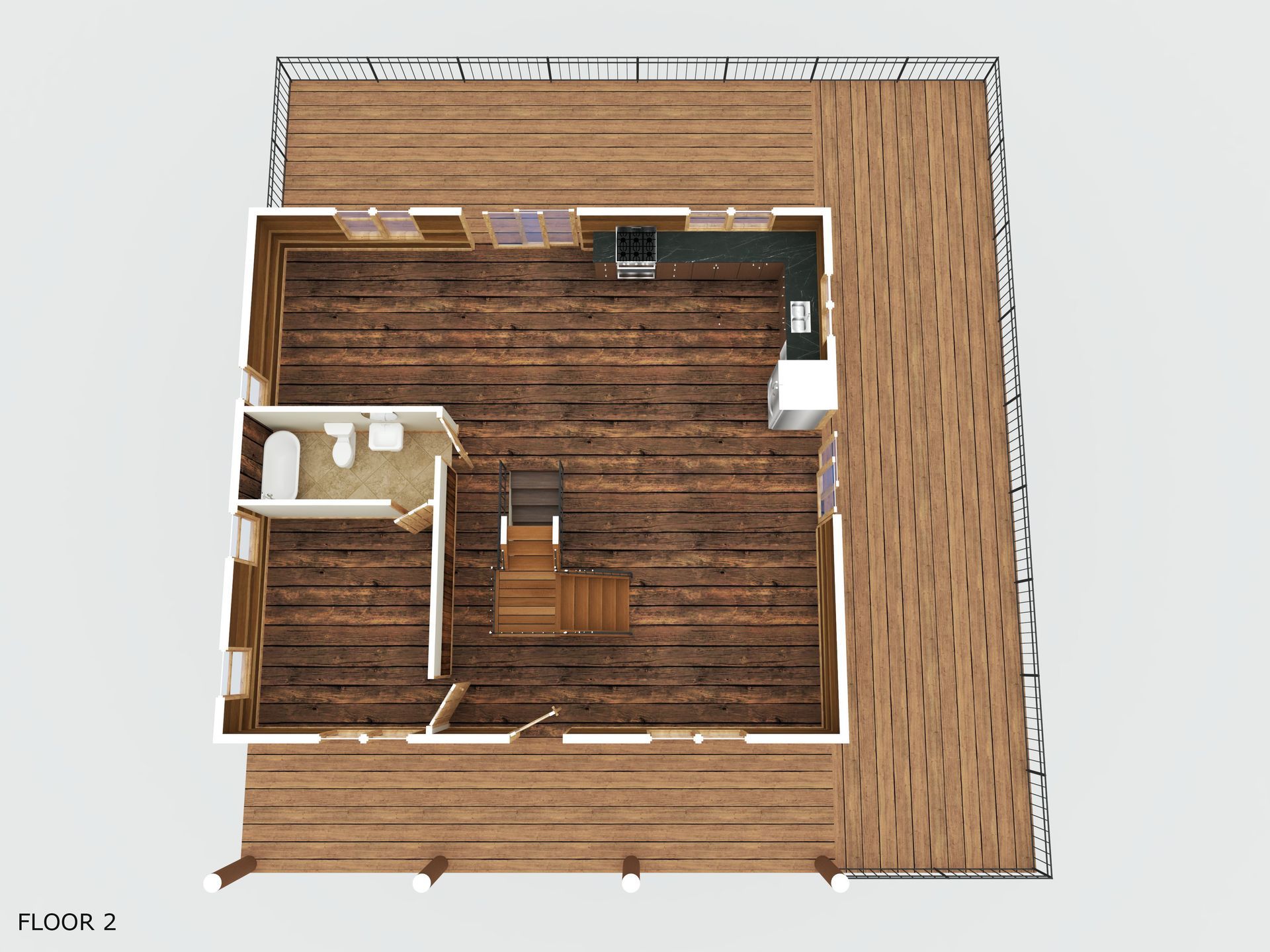 An aerial view of the first floor of a house
