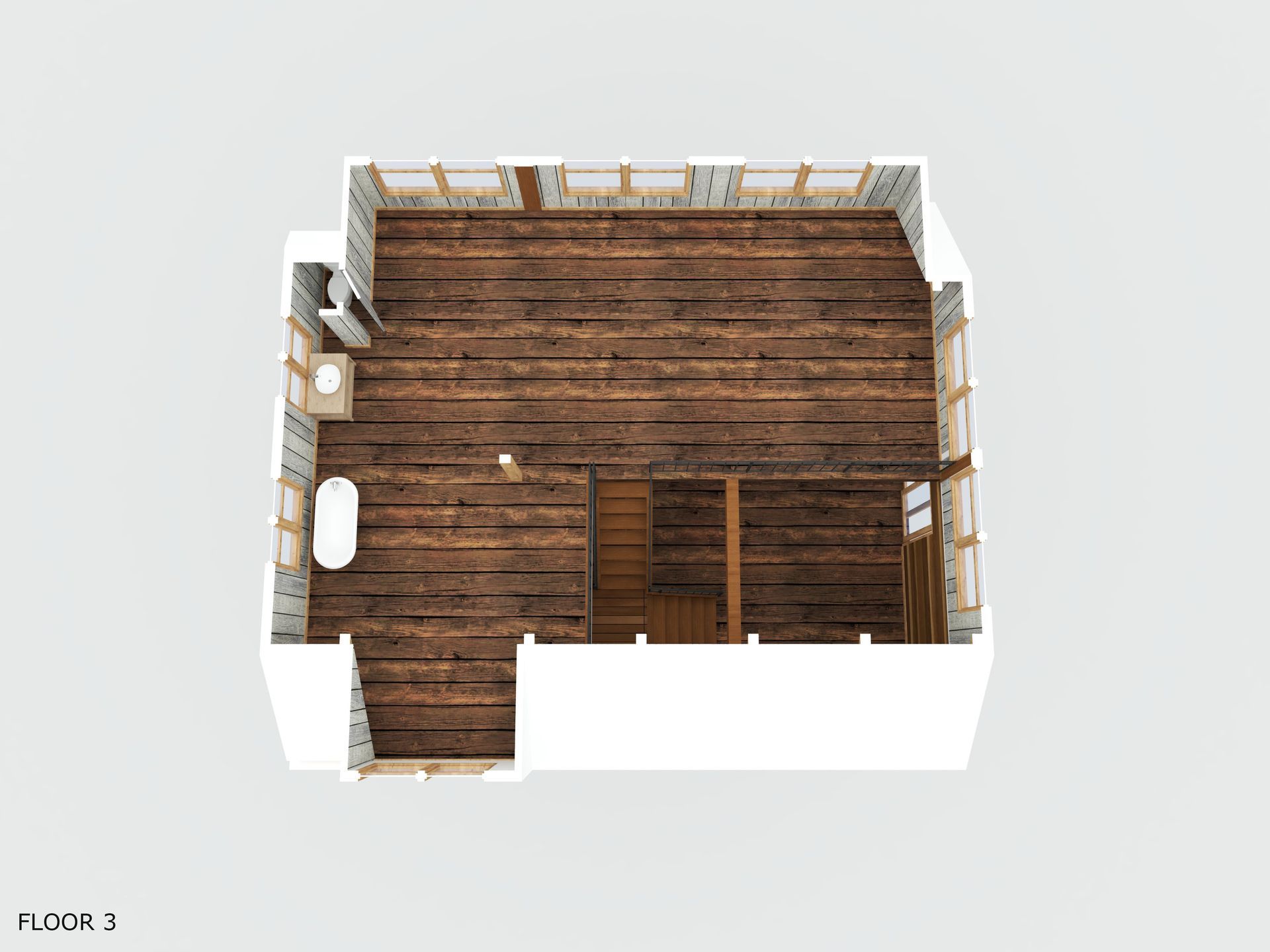 A 3d floor plan of a house with wooden floors