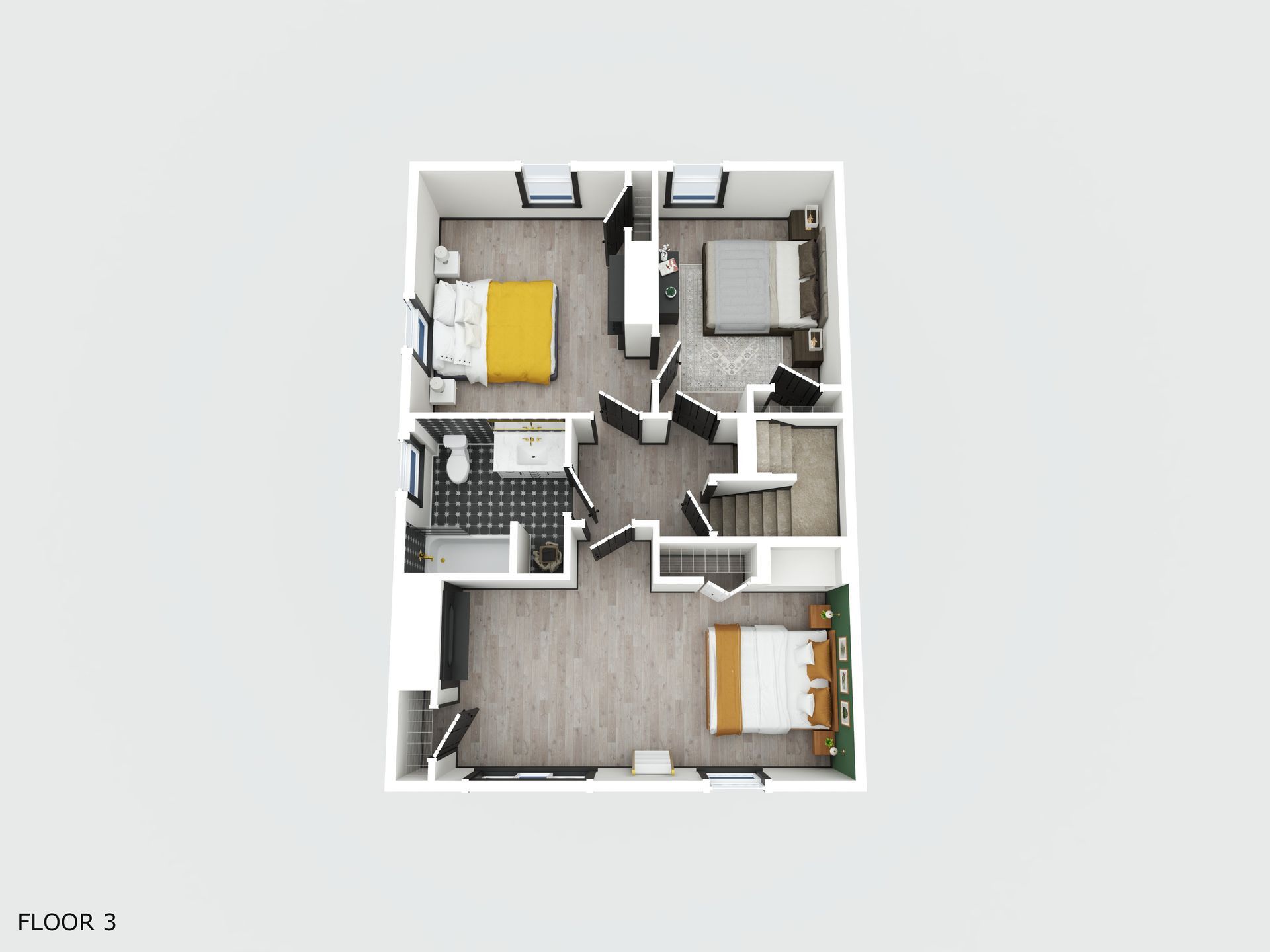 A 3d floor plan of a house with two bedrooms and a bathroom.