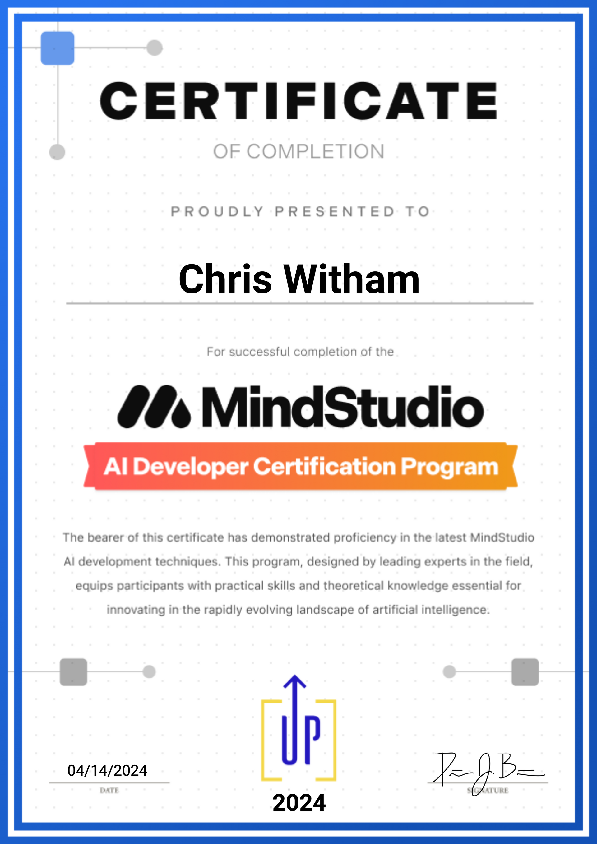 A certificate of completion for chris witham from mindstudio