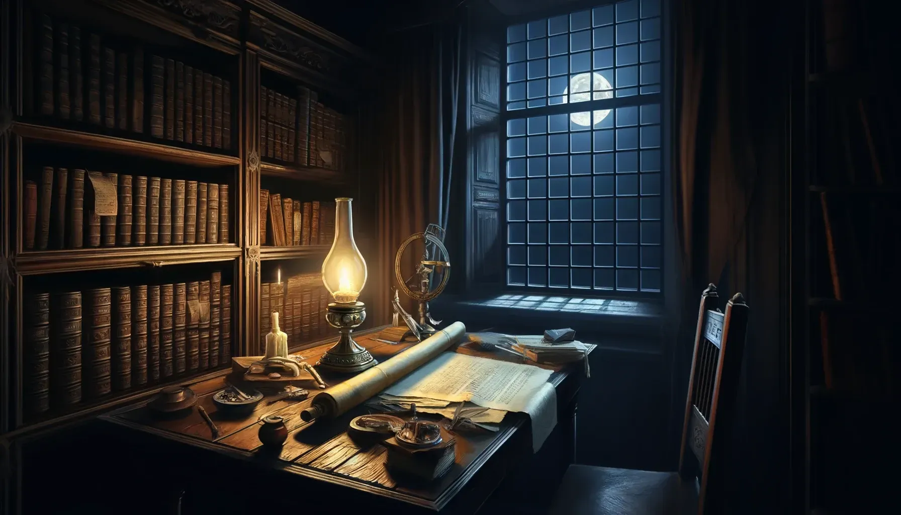 A library with a full moon in the window