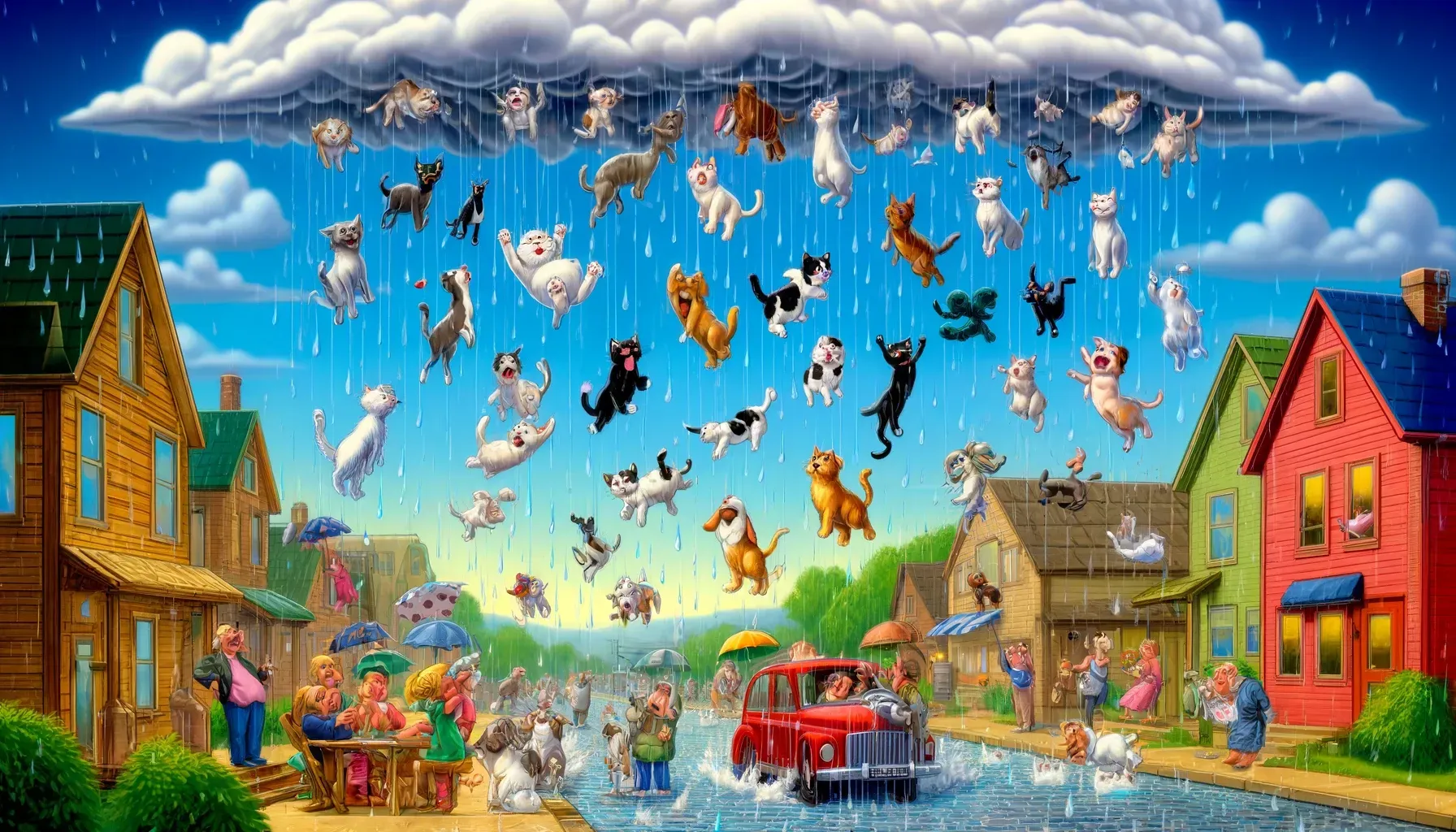 A painting of cats and dogs playing in the rain