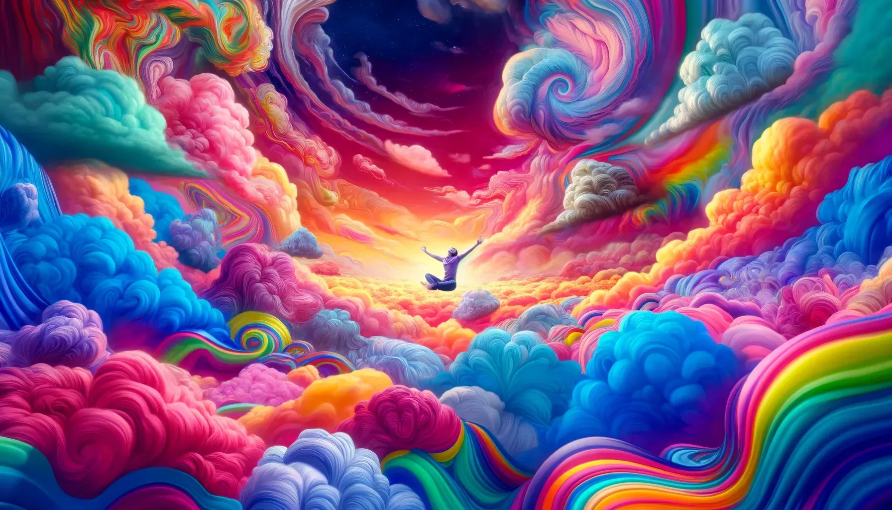 A person is sitting on a cloud in the middle of a rainbow filled sky.