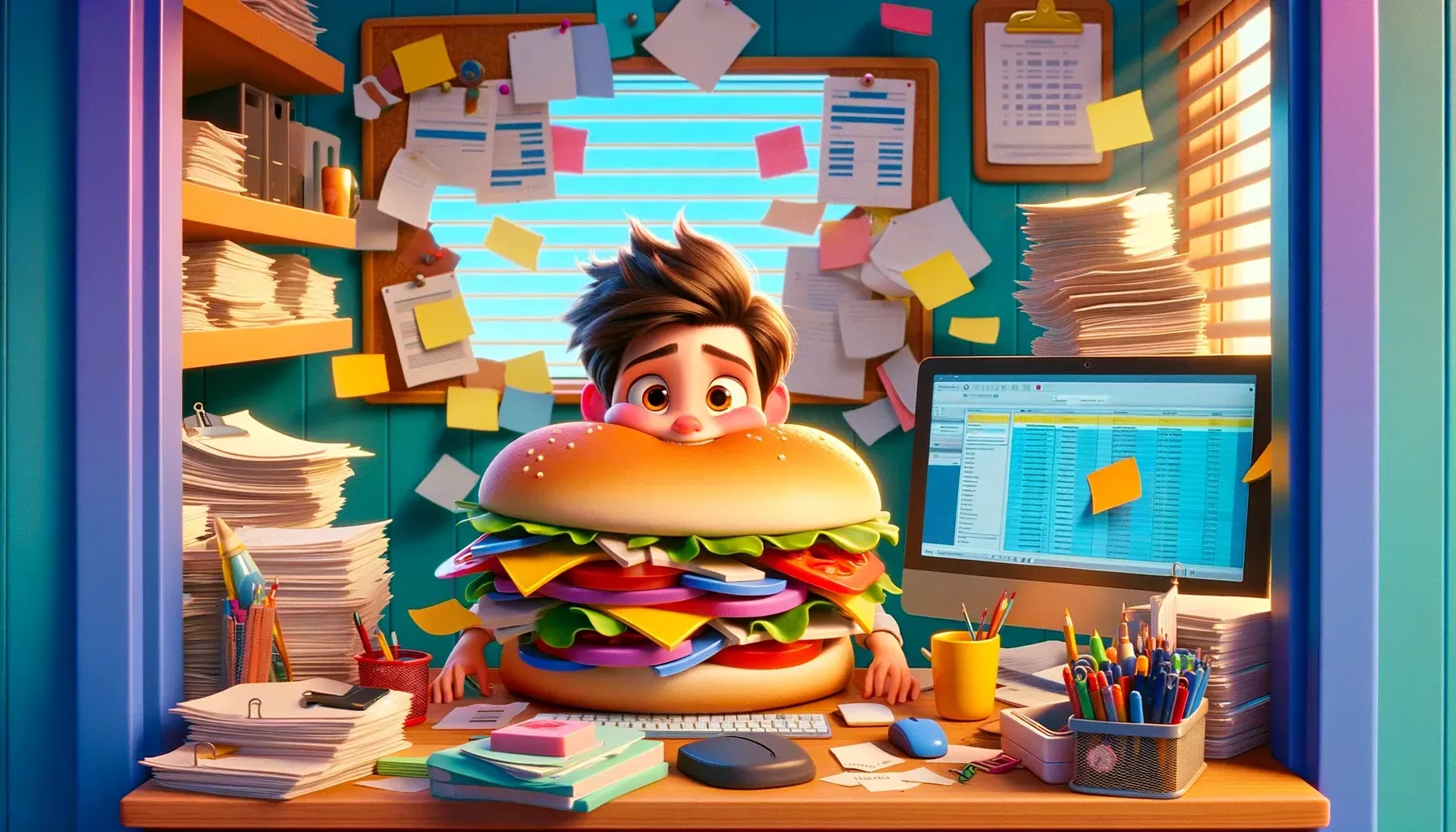 A boy is sitting at a desk with a huge hamburger in front of him