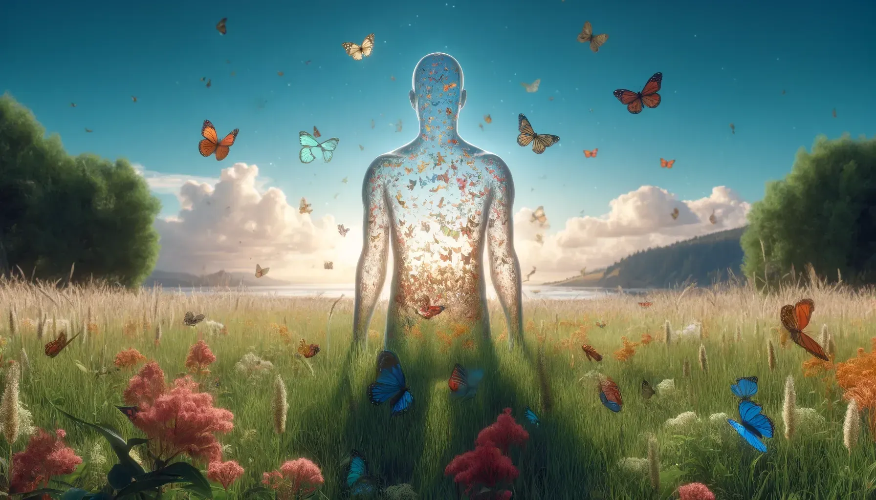 A man is surrounded by butterflies and flowers in a field
