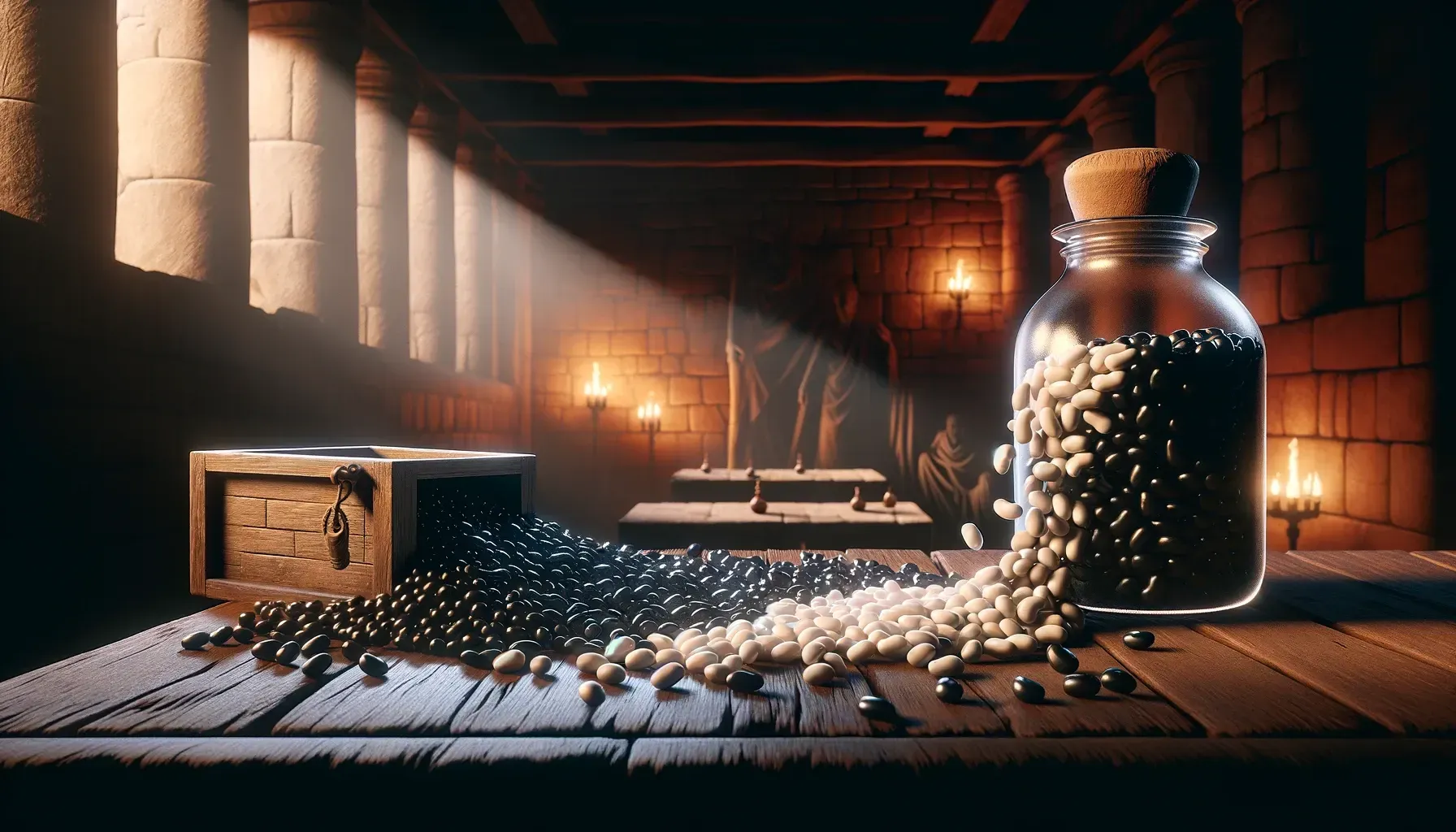 A bottle of beans is on a table in a dark room