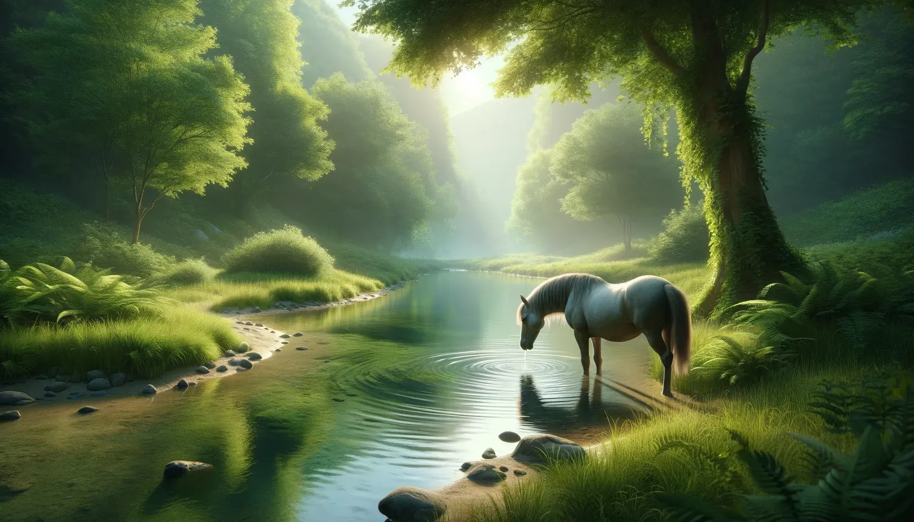 A horse standing next to a river in the woods