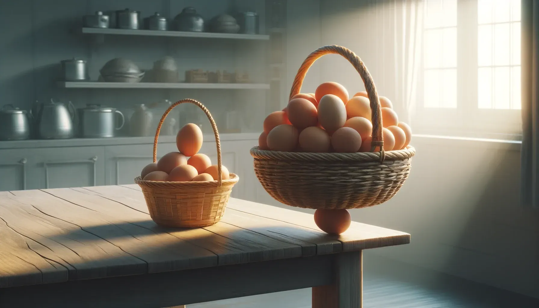 Two baskets of eggs are on a table in a kitchen