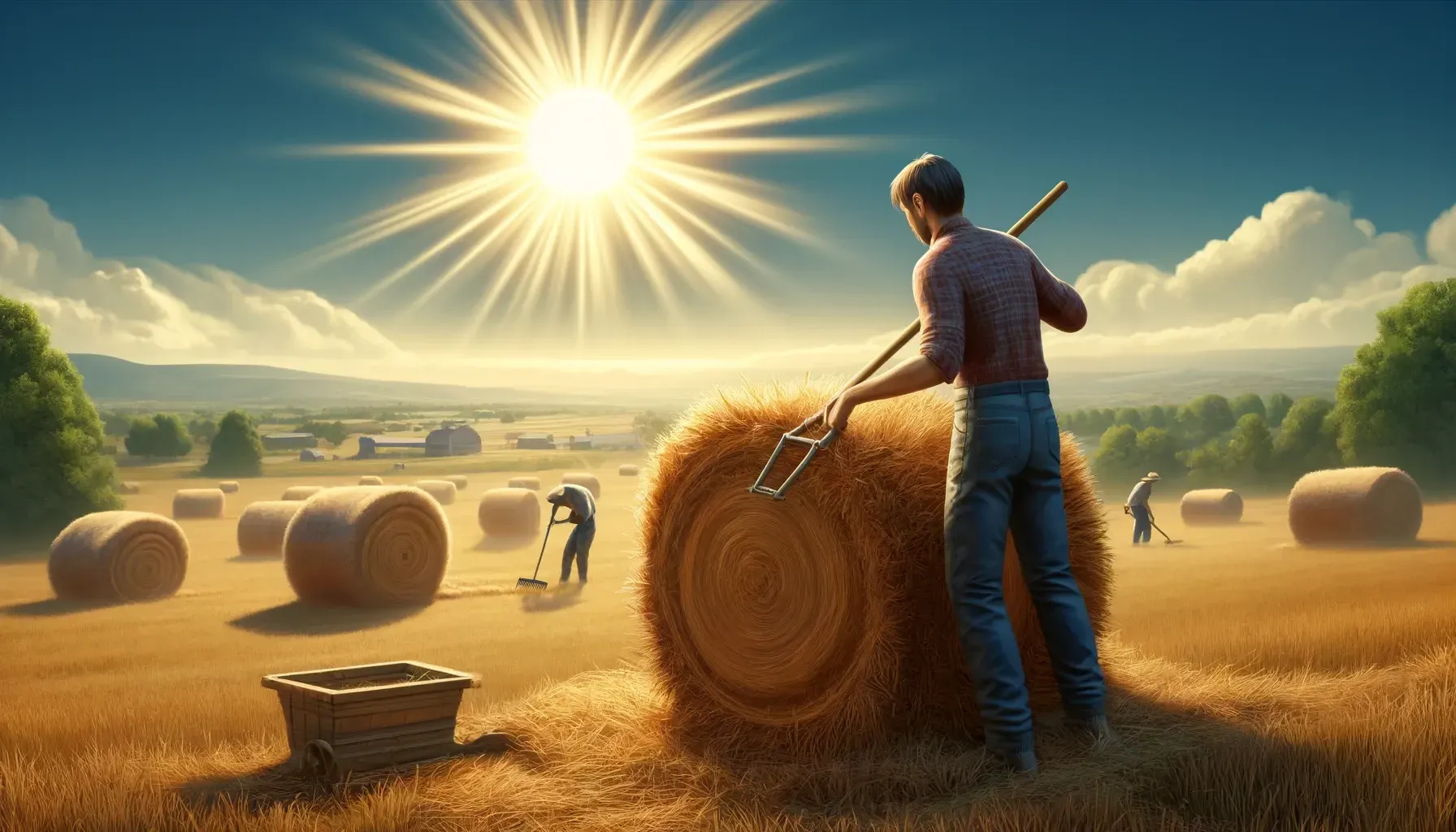 A man is standing in a field with bales of hay