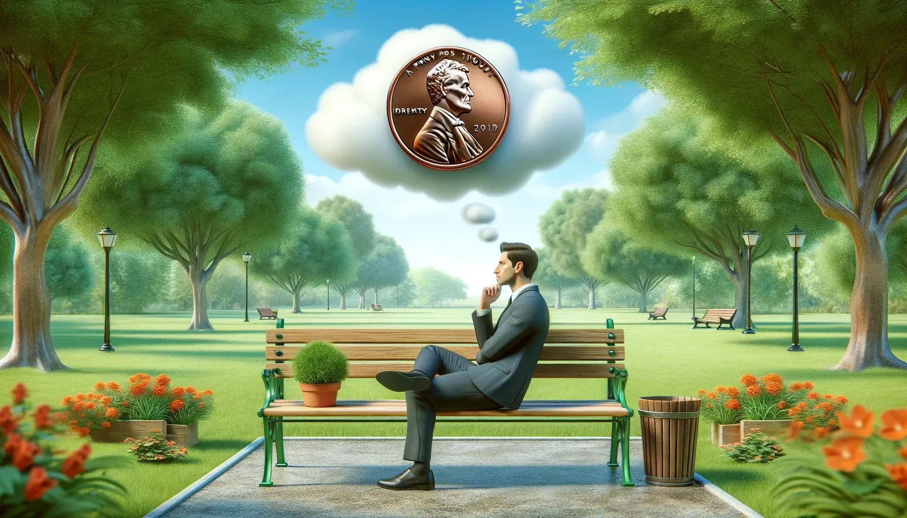 A man is sitting on a park bench thinking about a penny