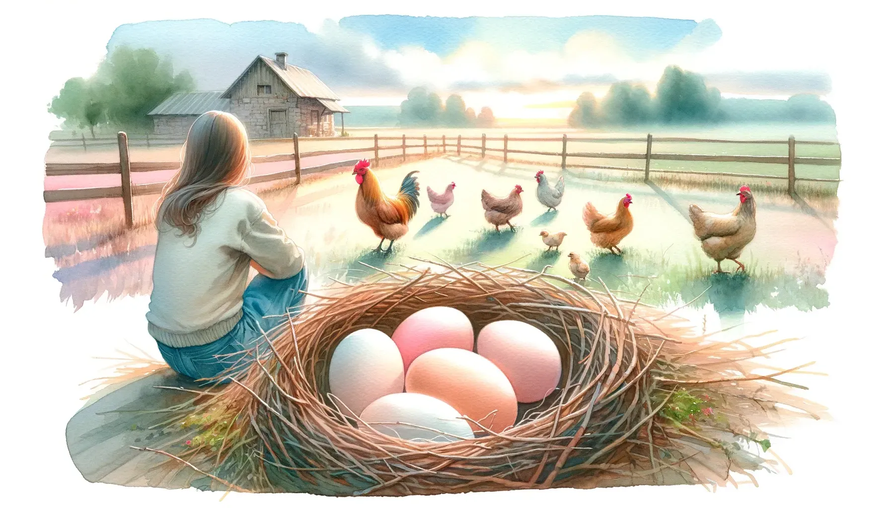 A girl is sitting next to a nest filled with eggs and chickens.