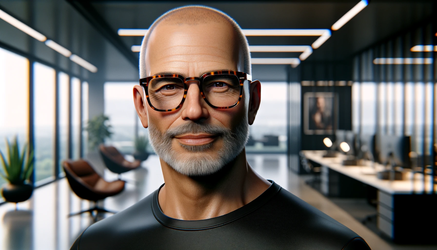 a man with glasses and a beard is smiling in an office