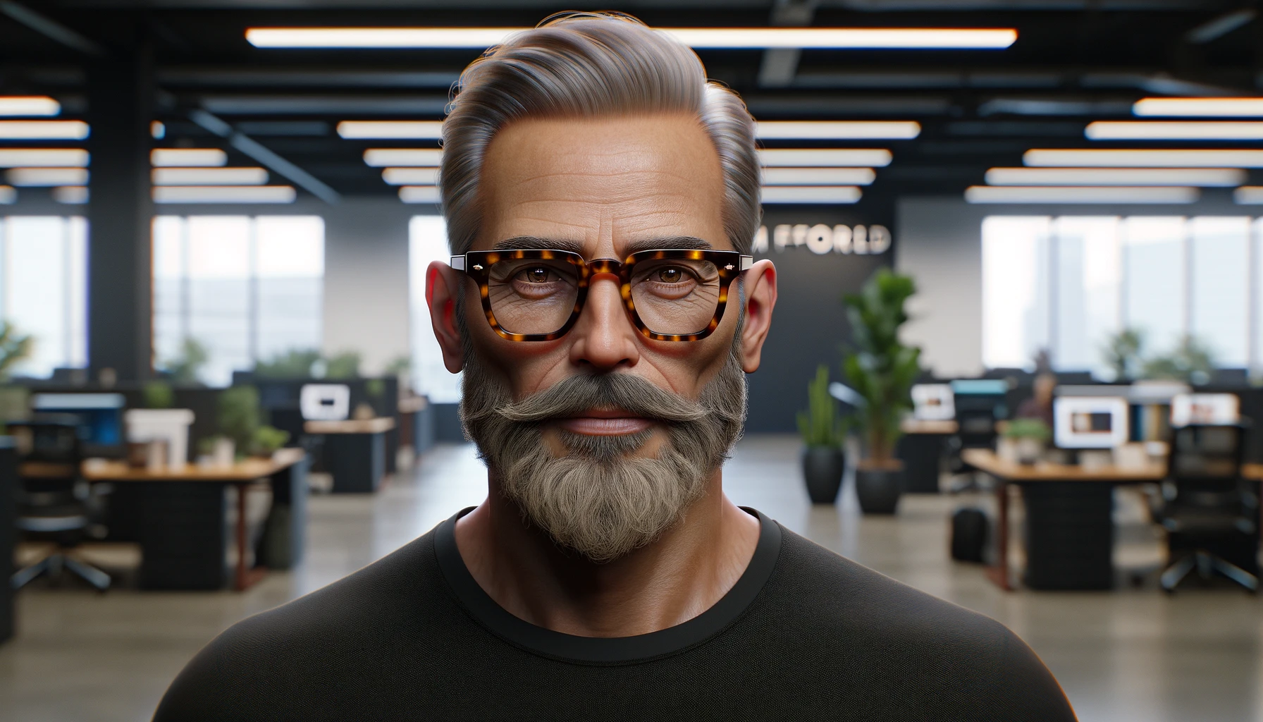a man with glasses and a beard in an office
