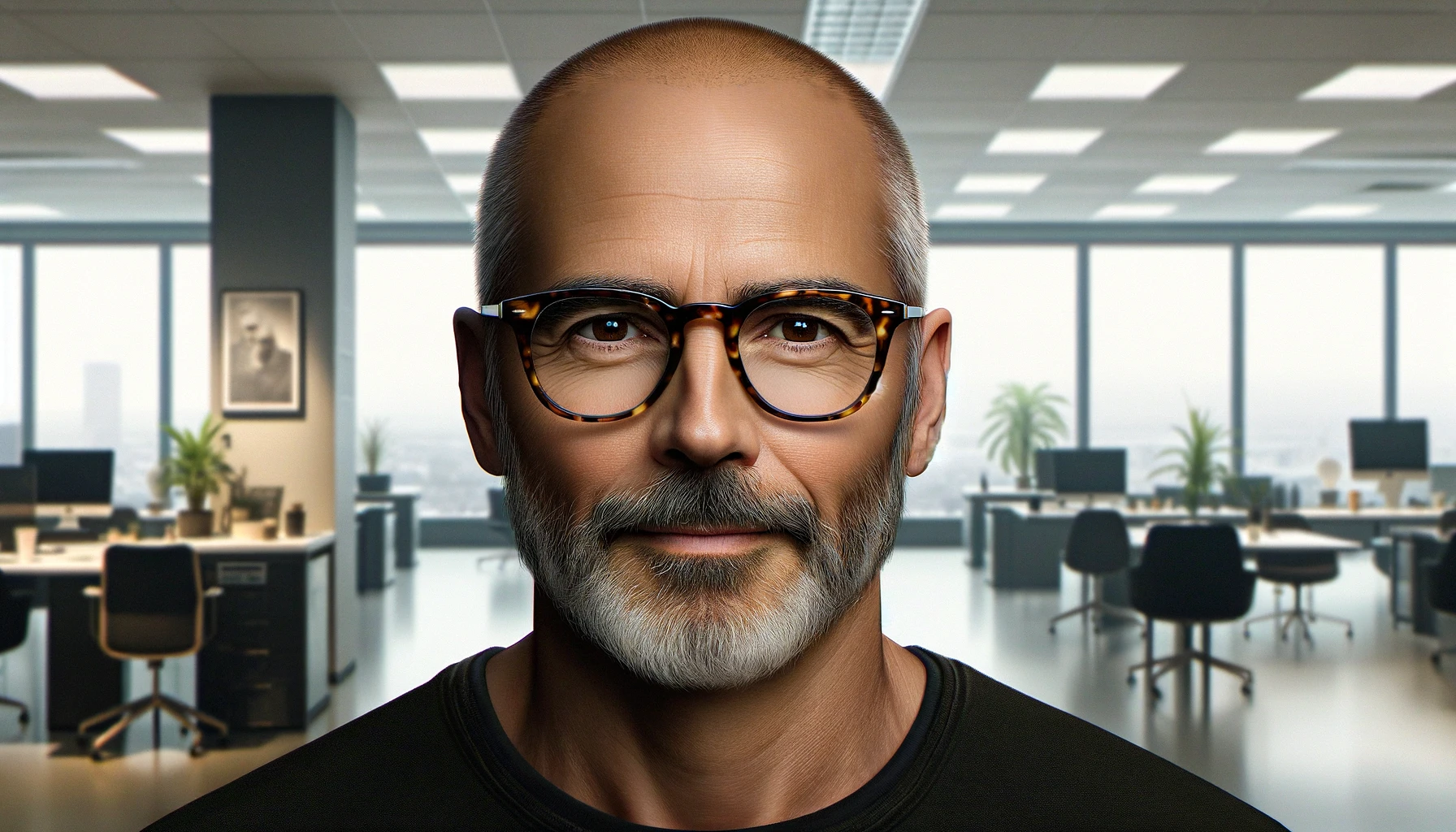 a man with glasses and a beard is standing in an office