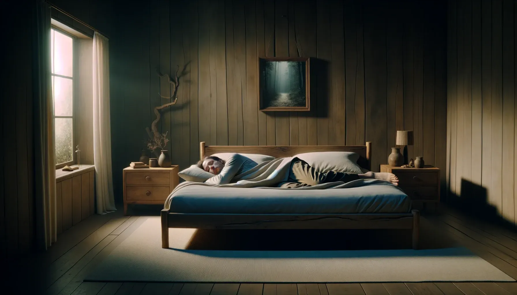 a bedroom with a bed and a picture on the wall a man sleeping like a log