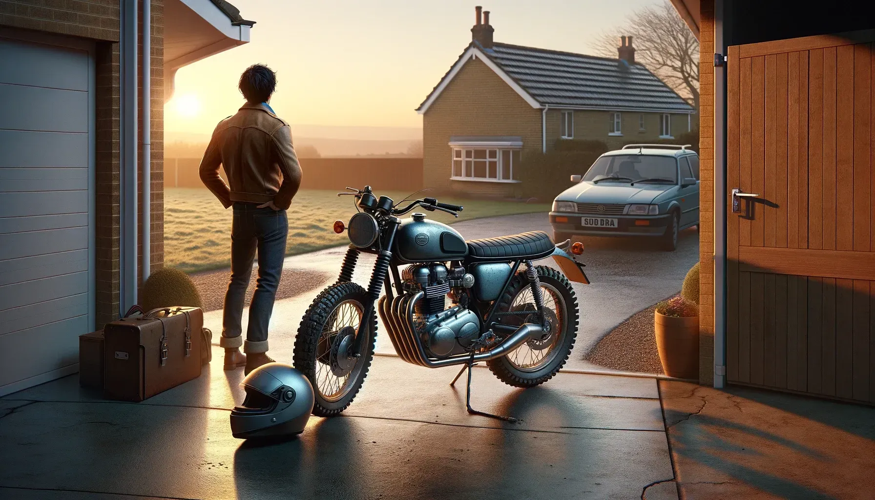 a man standing next to a motorcycle in a garage