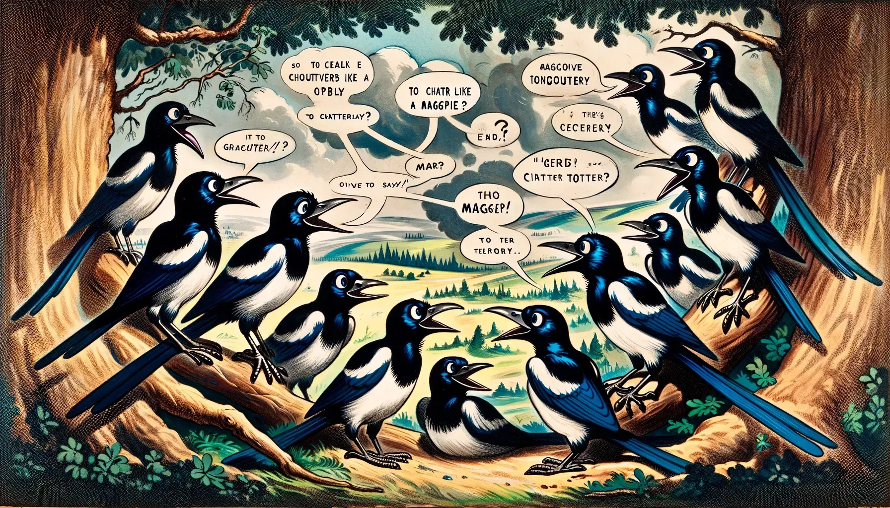 a painting of magpies sitting on a tree branch