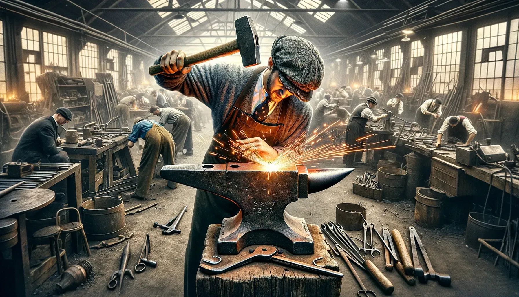 a man is hammering a piece of metal on an anvil in a factory