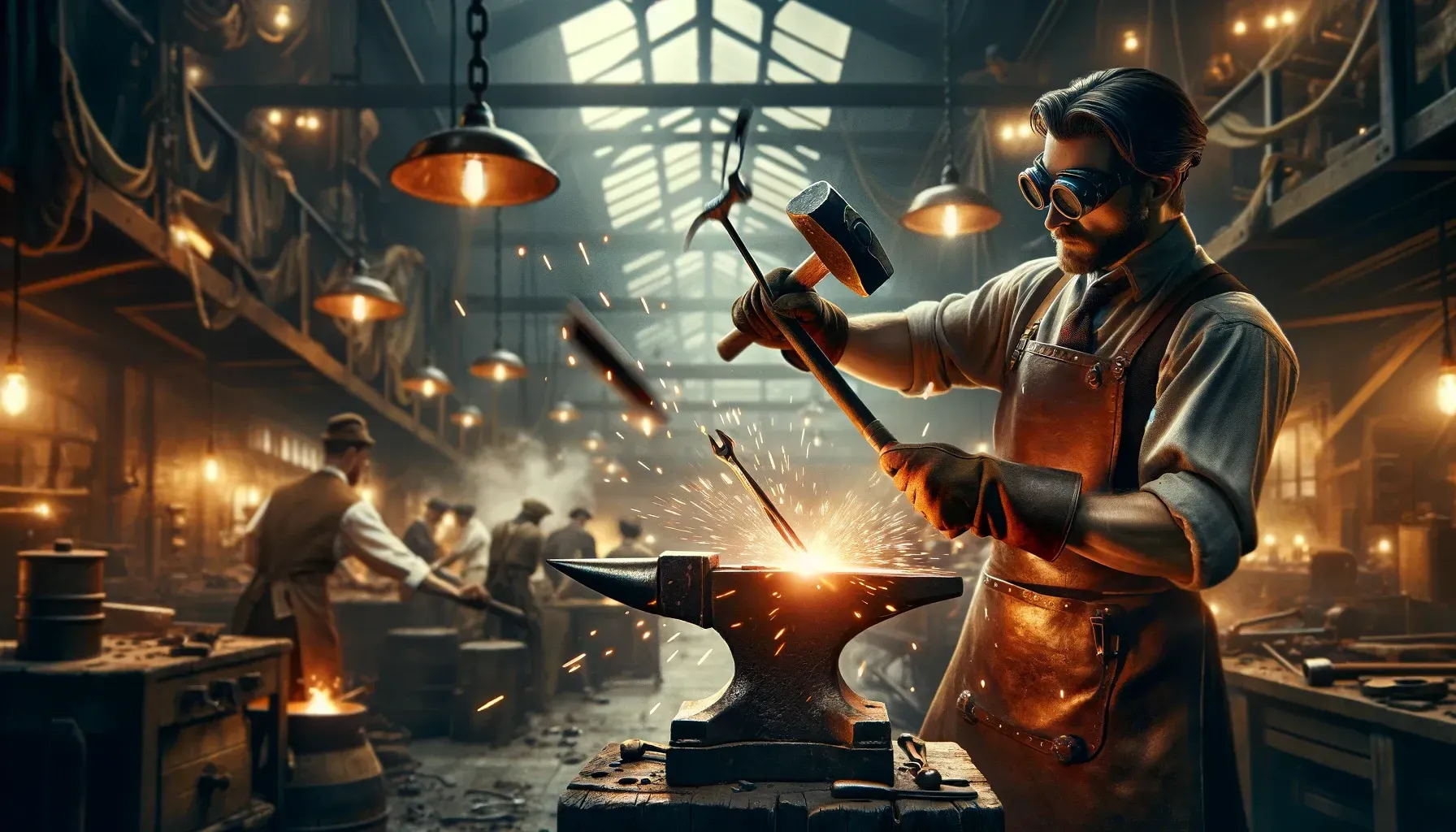 a blacksmith is working on a piece of metal in a workshop .