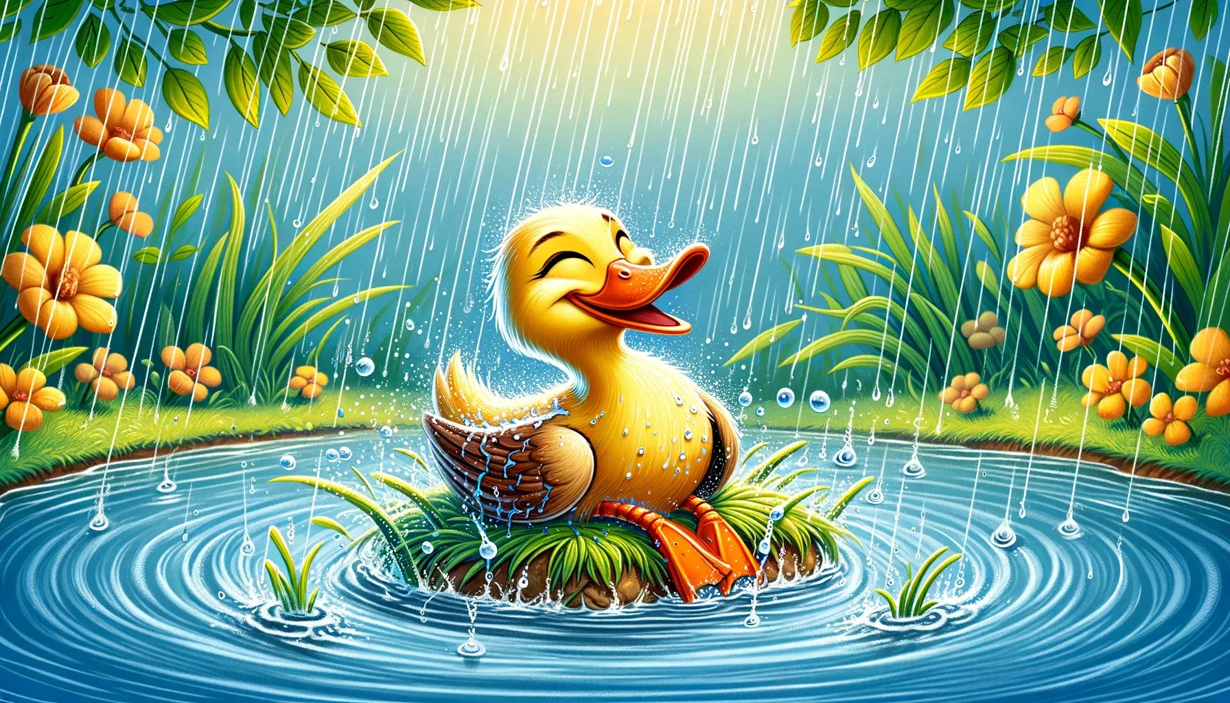 A cartoon duck is sitting on a small island in a pond.