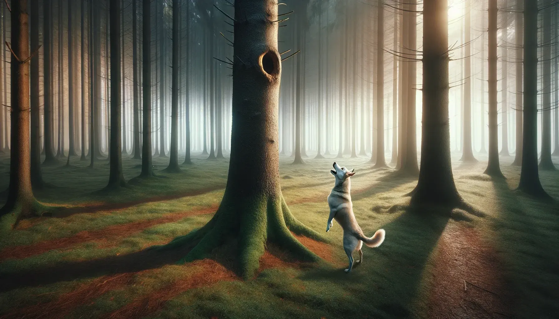A dog standing next to a tree in a forest