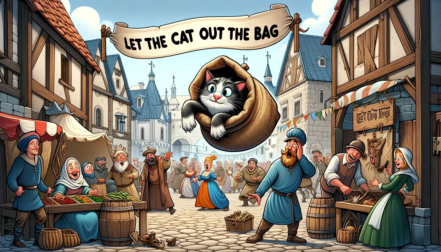 A cartoon of a cat in a bag with a banner that says let the cat out the bag