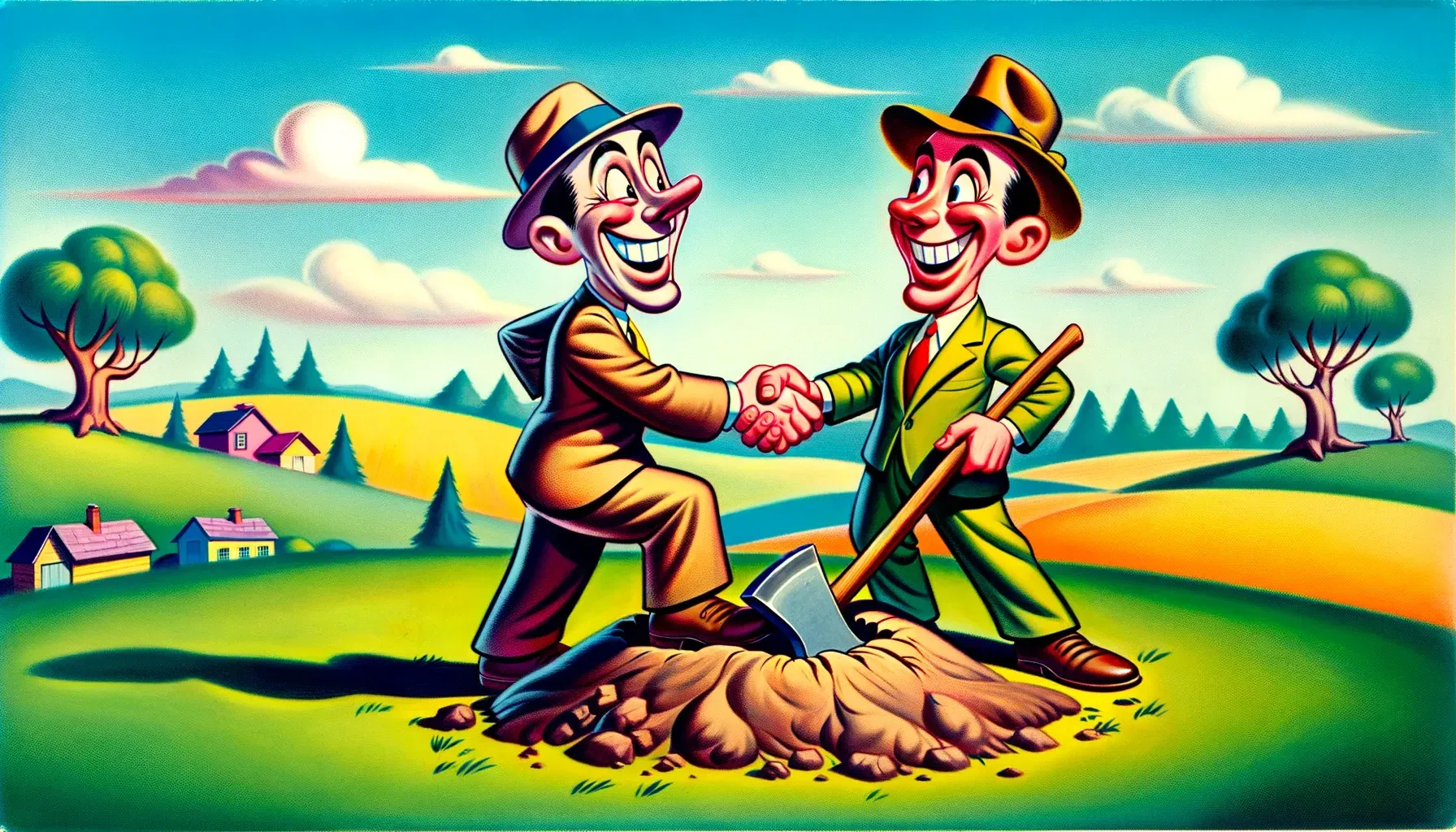 A cartoon of two men shaking hands in a field