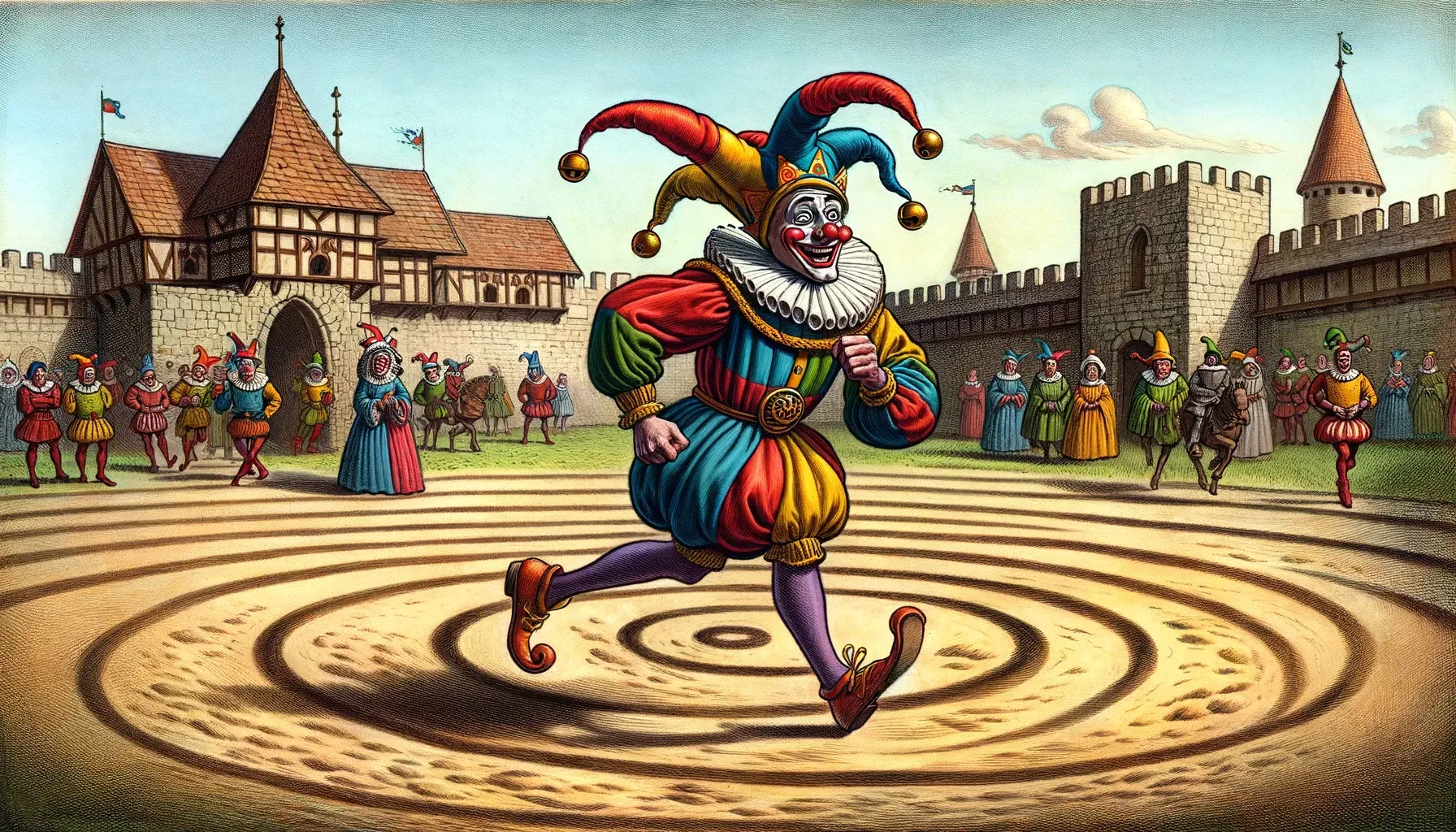 A painting of a jester running through a maze