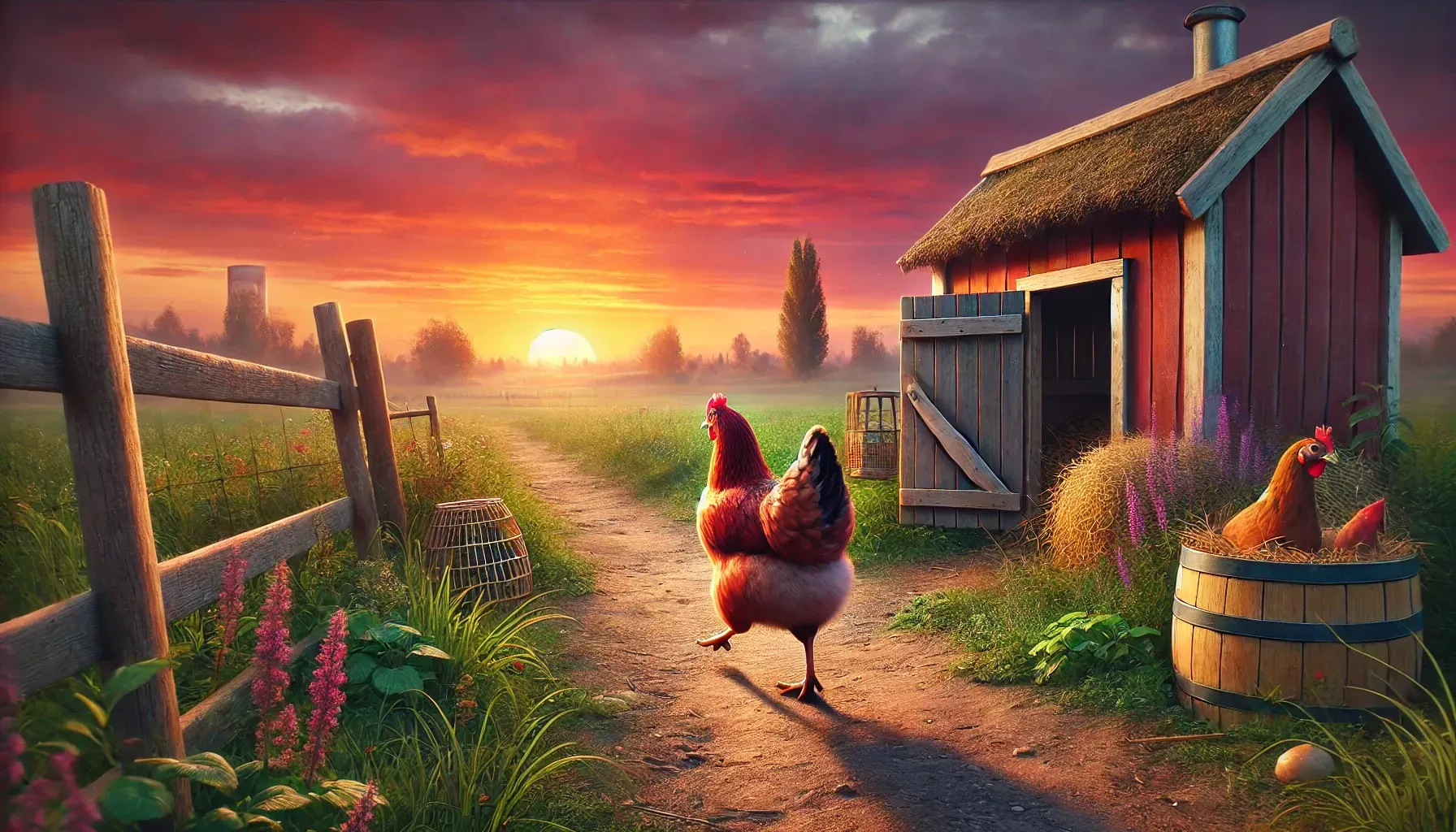 A chicken standing on a dirt path in front of a barn