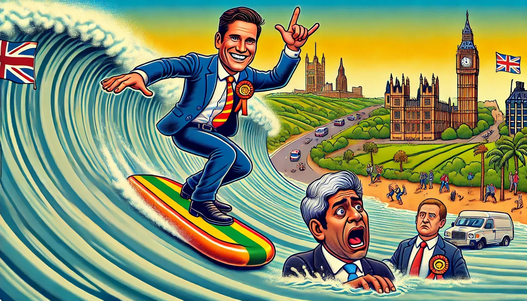 A man in a suit is riding a wave on a surfboard