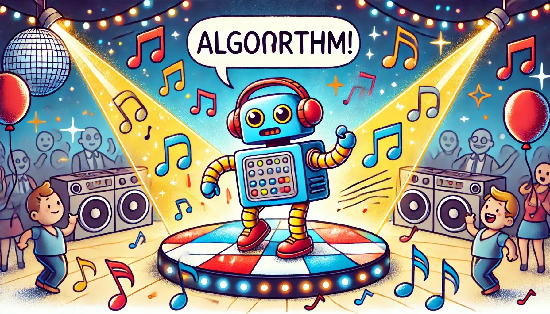 A pixel art illustration of a robot wearing headphones and a speech bubble that says algoorthm