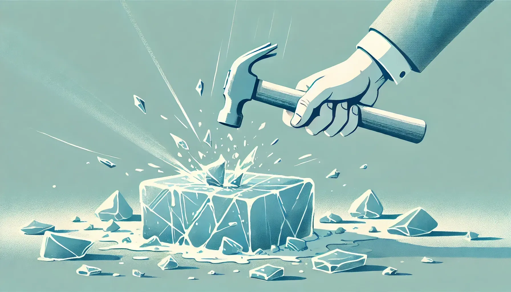 A hand is holding a hammer over a block of ice