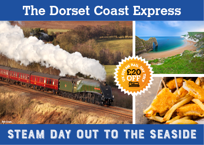 an advertisement for the dorset coast express shows a train and fish and chips