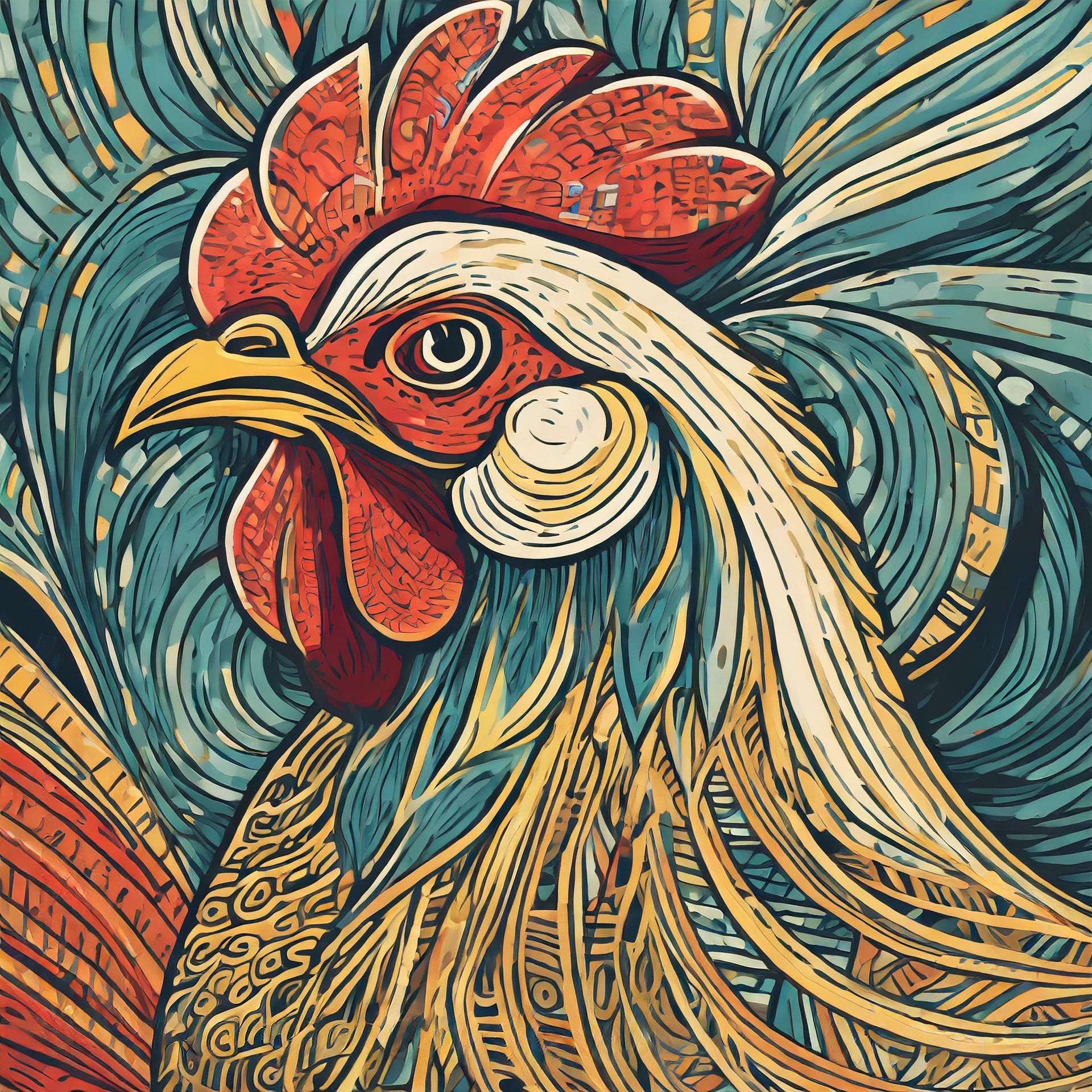 a colorful painting of a rooster with a long tail